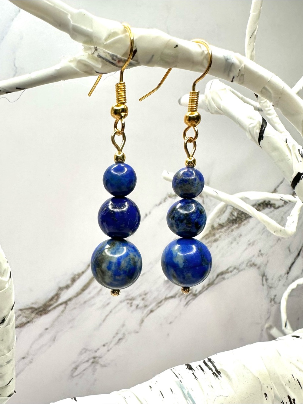 Gold-Plated Lapis Bead Drop Earrings - Blue